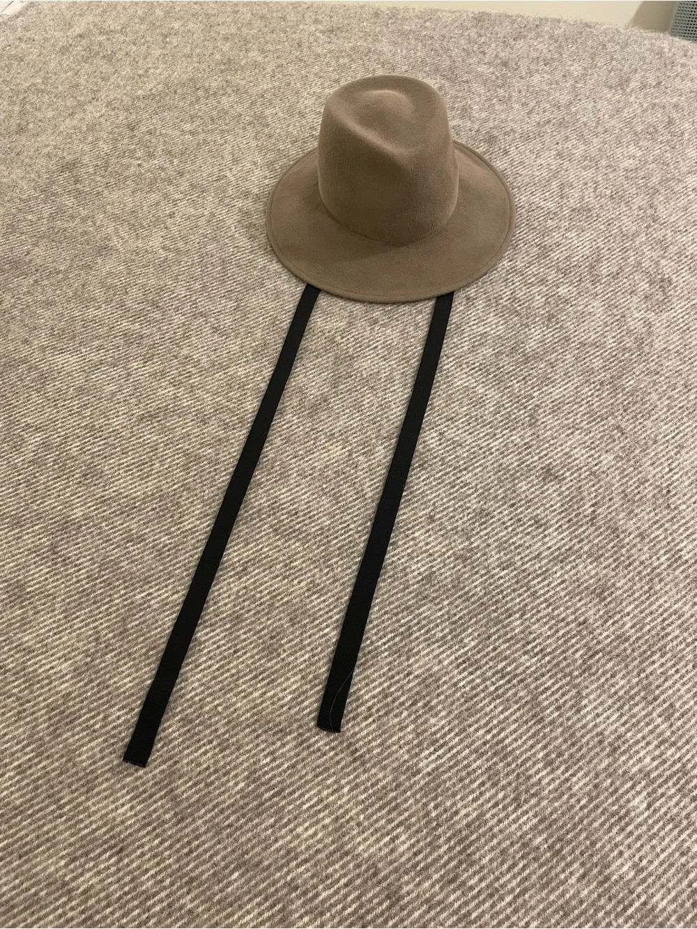 Behida Dolic Millinery Wide Brim Felt Hat in Taupe with Black Chin Strap